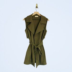 SOPHIE RUE: Trendy Khaki Green Sleeveless Belted Long Shacket Vest